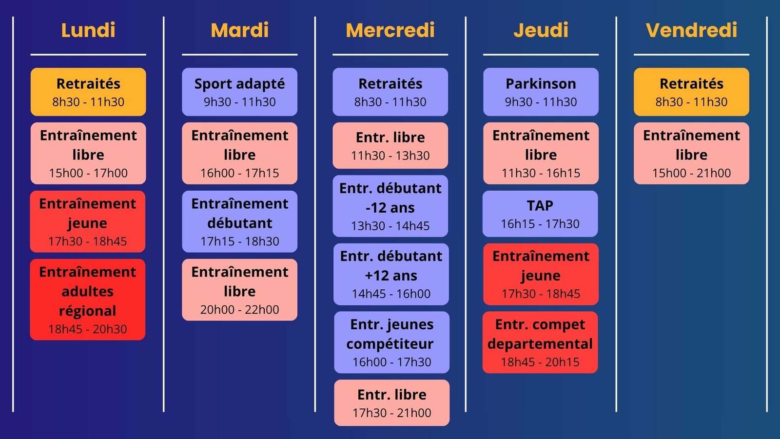 Horaire des entrainements et inscription 2026-2027