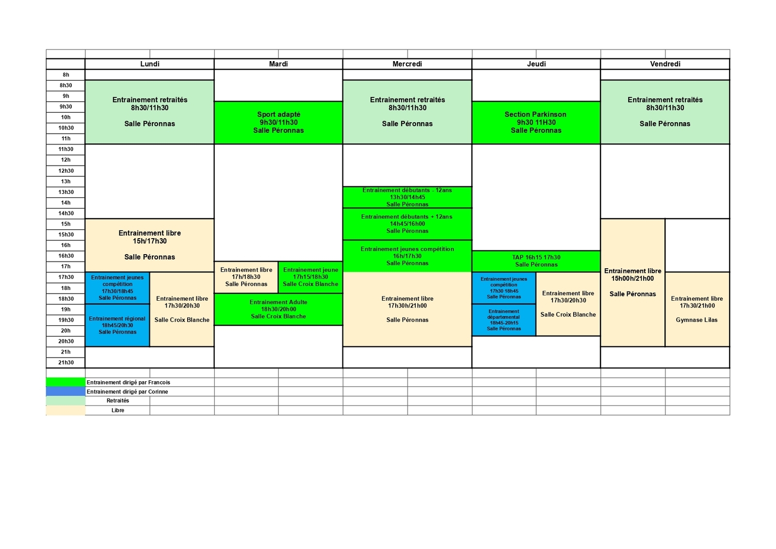 Horaire des entrainements et inscription 2026-2027